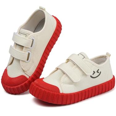 Imagem de Tênis infantil de lona para meninos e meninas, sem cadarço, leve, com gancho e laços, casual, adequado para a pele, com sola multicolorida (bebê/crianças pequenas), Vermelho, 7 Toddler