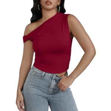 Imagem de Bellcoco Camisetas femininas com ombros de fora, sem mangas, caimento justo, Y2K, roupas de verão 2024, Vermelho, P