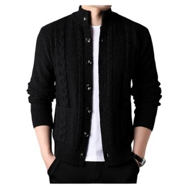 Imagem de Cardigã masculino de malha canelada suéter de malha com bolso cor sólida manga longa casual, Preto, 3G