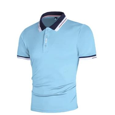 Imagem de BAFlo Nova camiseta masculina com contraste de cores e patchwork, camisa polo masculina de manga curta, Lago azul, XXG
