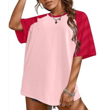 Imagem de Remidoo Camiseta feminina casual básica de manga curta extragrande colorblock, Vermelho, rosa, P