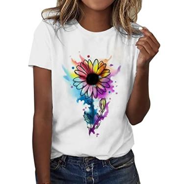 Imagem de Camisetas femininas com estampa floral folgada, gola redonda, manga curta, casual, verão, Cáqui - D, G