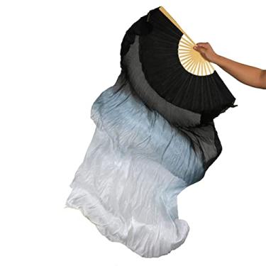 Imagem de TMZAQH Véus femininos para fãs de dança do ventre longos de seda verdadeira para mão direita 150 x 90 cm, Preto, branco, 150*90cm