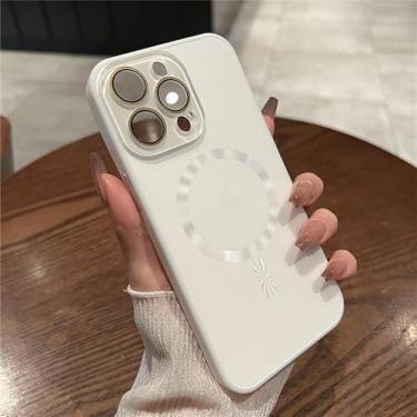 Imagem de Capa de telefone de vidro com lente magnética micro fosca para iPhone 11 12 13 14 15 Pro Max Plus capa à prova de choque de acrílico rígido macio, branca, para iPhone 14 Pro