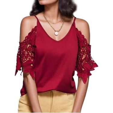 Imagem de Cnlinkco Camisetas femininas de verão com decote em V, corte de ombro vazado, renda, manga curta, cor lisa, Vermelho, P