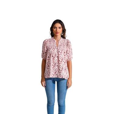 Imagem de Love Welove Fashion Camisas de botão para mulheres, blusas elegantes com babados e gola V floral de verão, Flor rosa, P