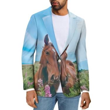Imagem de Sprowallow Blazer masculino casual slim fit um botão elegante casaco esportivo lapela entalhada terno de negócios blazers jaqueta outono, Cavalo marrom, P