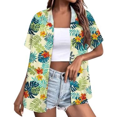 Imagem de Camisetas havaianas femininas legais de verão, estampa floral, tropical, gola V, manga curta, botões e lapela, Bege, P