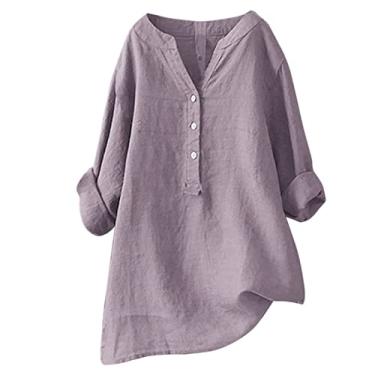 Imagem de Blusa feminina de linho, túnica de botão, manga comprida, gola V, casual, patchwork, elegante, confortável, Roxa, GG