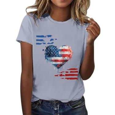 Imagem de Camisetas Patrióticas Femininas Manga Curta Bandeira Americana Estrelas Listras Camisetas Estampa Coração Gola Redonda Memorial Day Verão, Cinza, GG