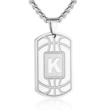 Imagem de Colar masculino com etiqueta de basquete inicial A-Z - pingente com corrente de aço inoxidável 55 cm + 5 cm - joia personalizada para atletas esportivos, Prata, Sem Pedra Preciosa
