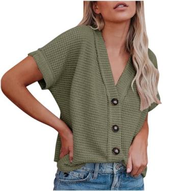 Imagem de Camisetas femininas de manga curta com gola V de malha solta, cor sólida, botões, verão, casual, soltas, Verde, XG