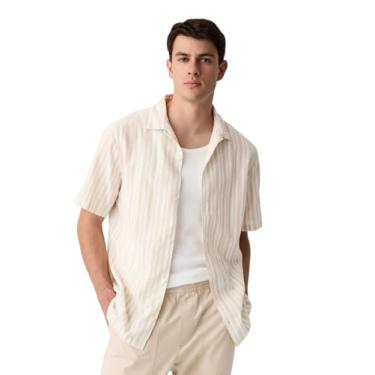 Imagem de GAP Camisa masculina de manga curta com gola resort de linho e ajuste padrão, Listra cáqui tonal, PP