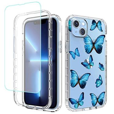 Imagem de sidande Capa para iPhone 14 Plus com protetor de tela de vidro temperado, capa protetora fina de TPU floral transparente para Apple iPhone 14 Plus de 6,7 polegadas (borboleta)