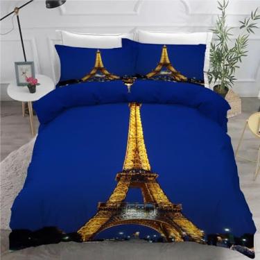 Imagem de Jogo de cama solteiro da Torre Eiffel, conjunto de 3 peças de capa de edredom azul para decoração de quarto, capa de edredom de microfibra macia 152 x 232 cm e 2 fronhas, com fecho de zíper e laços