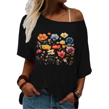Imagem de Camisetas florais femininas sensuais com ombros de fora, flores silvestres, vintage, boêmio, estampa floral, Preto - 2, G