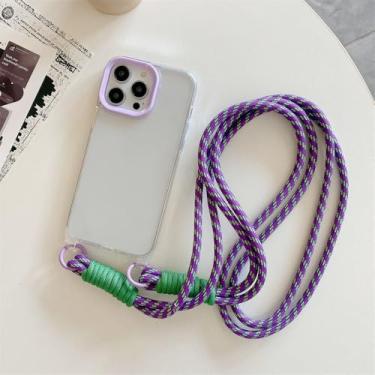 Imagem de Moda crossbody correia cinta caso de telefone claro para iphone 15 14 13 12 11 pro max longa corda de cânhamo capa traseira, roxo, para iphone 11promax