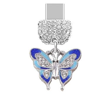 Imagem de ELISE & FONDA TP228 Tipo-C porta de carregamento USB cristal antipoeira pequena borboleta pingente para celular Samsung Galaxy/Huawei/OnePlus/Xiaomi/oppo telefones Android (azul), approx.1.9 cm (L) x
