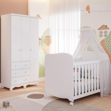 Imagem de Quarto Bebê Completo Berço Americano Uli Guarda Roupa 3 Portas 3 Gavetas Junior 100% Mdf Branco Brilho
