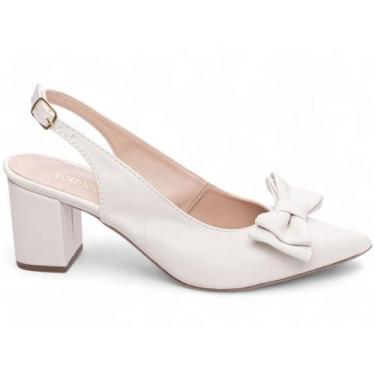 Imagem de Sapato Scarpin Off White Salto Médio Baixo Bloco Grosso Bico Fino Laço