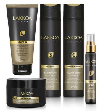 Imagem de Kit Completo Elixir Ouro Lakkoa Sh Cond Masc Serum Leave In