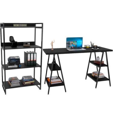 Imagem de Kit Mesa Cavalete 150 cm com Estante 4 Prateleiras Estilo Industrial F