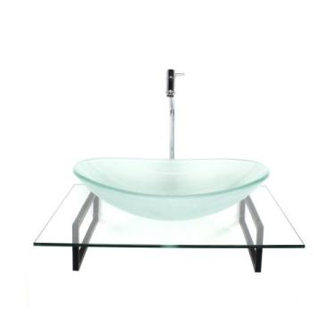 Imagem de Kit cuba de vidro oval jateada com tampo 60cm incolor e suporte tornei