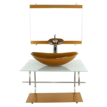 Imagem de Gabinete de vidro inox para banheiro 60cm oval mármore branco dourado 