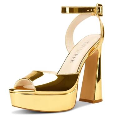 Imagem de TNYNFBEB Sandália feminina de salto plataforma alta com bloco grosso, bico aberto, tira no tornozelo, fivela, vestido de formatura, couro envernizado, salto de 13 cm, Dourado, 37