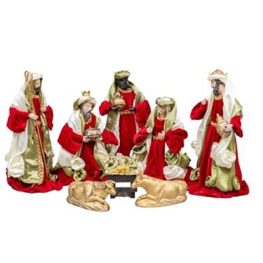 Imagem de Presepio Natalino 8 Figuras Seda Verde Vinho Resina Decoracao de Natal Premium