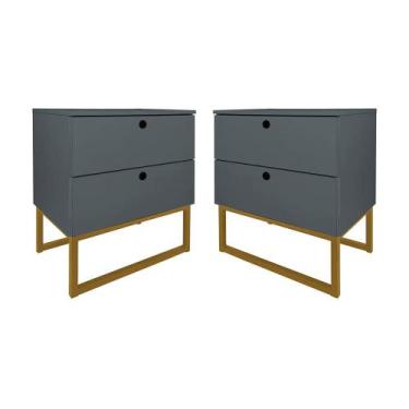 Imagem de Kit 2 Mesas de Cabeceira Slim 2 Gavetas Cinza Base Metálica Dourada - 
