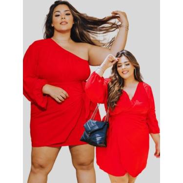 Imagem de Vestido Curto Plus Size Vermelho Natal Envelope Amarração Luxo Manga B