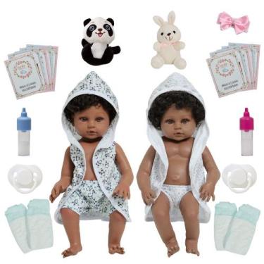 Imagem de Boneca Reborn Negra Gêmeos Casal 100% Vinil Roupão + Itens - Cegonha R