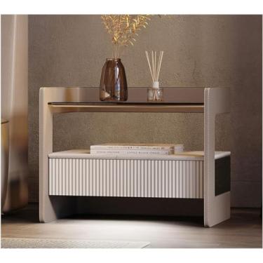 Imagem de Mesa de cabeceira moderna com sensor inteligente de luz e gaveta de madeira mesa de cabeceira de vidro minimalista mesa lateral de couro armário de cabeceira para quarto, A, 50 x 37 x 48 cm