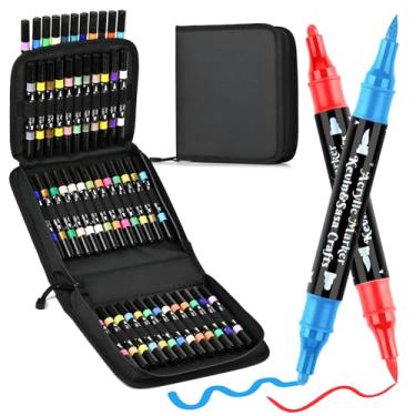 Imagem de Canetas marcadoras de tinta acrílica de ponta dupla de 48 cores, com design de bolsa portátil, ponta de pincel e ponta redonda com corpo de caneta laser profissional para madeira, tela, pintura