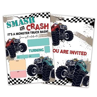 Imagem de BEUFSE Convite de festa de aniversário Monster Truck, 20 cartões com 20 envelopes, carro de corrida preencher os convites de festa em branco, adequado para meninos meninas aniversário celebrar