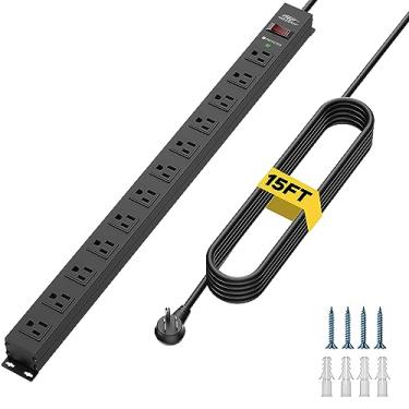 Imagem de CRST Régua de alimentação de metal montável com 12 tomadas, 2100 Joules resistente filtro de sobretensão cabo de 4,5 m de comprimento com plugue plano tomadas espaçadas largas para garagem industrial