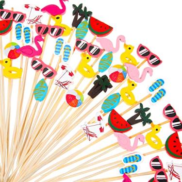 Imagem de Palitos variados de verão para piscina, praia, coquetéis, palitos tropicais, bambu, flamingo, praia, pano de fundo, bola de praia, chinelo feito à mão para aperitivos, comida, bebidas, luau, Havaí, festa na praia (600 peças)