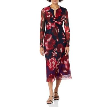 Imagem de London Times Vestido feminino midi de manga comprida com estampa aquarela abstrata, Azul-marinho/vermelho, 42