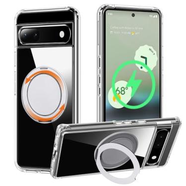 Imagem de Capa com suporte magnético para Google Pixel 6A - compatível com MagSafe, anel giratório 360, suporte fino, à prova de choque, capa protetora para celular - transparente
