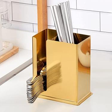 Imagem de kaileyouxiangongsi Suporte para Utensílios de Restaurante Chinês, Aço Inoxidável Pendurado 2 Compartimentos Malha Utensílios Secagem Rack/Pauzinhos/Colher/Garfo/Faca Talheres Armazenamento (Dourado)