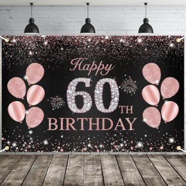 Imagem de JOYKY Faixa de feliz aniversário de 60 anos, decorações de festa de aniversário de 60 anos em ouro rosa para mulheres, decoração de pano de fundo, 15 x 9 metros