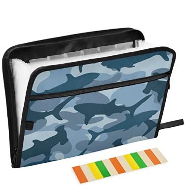 Imagem de ZZKKO Camo Shark Blue Pasta de arquivos expansível com 13 bolsos com etiquetas adesivas pasta de arquivo sanfonada organizador de documentos tamanho carta tamanho A4 porta-arquivos expansível
