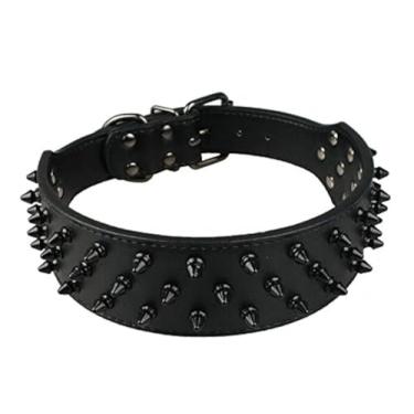 Imagem de Coleira para cachorro Dogs Kingdom em couro preto com pontas de 5 cm de largura, 31 espigas 52 pit bull, gola boxerDogs Kingdom L preto unknown