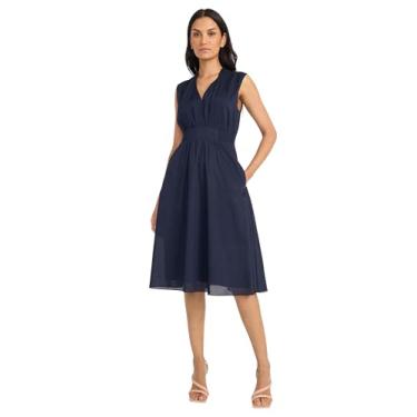 Imagem de Maggy London Vestido feminino semitransparente, cintura império, plissado, decote em V, sem mangas, vestido de convidada de casamento, Blazer azul-marinho, 40