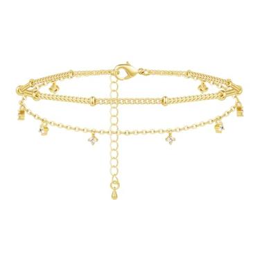 Imagem de Poxtex Tornozeleira feminina de prata esterlina à prova d'água, zircônia cúbica 925 banhada a prata e pingente de coração, tornozeleiras delicadas para mulheres, conjunto de tornozeleiras de corrente