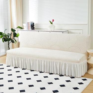 Imagem de Capa de futon sem braços com saia de babados, capa de sofá-cama futon altamente elástica, capa de sofá antiderrapante sem braços, tecido de veludo grosso, macio e aconchegante(Beige,Large (190-210cm))