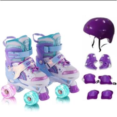 Imagem de Patins 4 Rodas Rosa/Verde/Roxo Com Luz De Led E Glitter Com Kit Proteção Roxo Tam 32-36