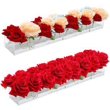 Imagem de Pacote com 2 vasos de acrílico transparente para flores, vaso retangular de 43 cm de comprimento com 18 furos, vasos modernos florais baixos para centros de mesa de casamento e sala de jantar