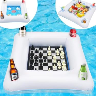 Imagem de Mesa flutuante de jogo de bilhar com cartas de baralho, bandeja inflável para festa na piscina com tabuleiro de xadrez dobrável, mesa de jogo de cartas flutuante Mostop – Suporte de comida e bebida